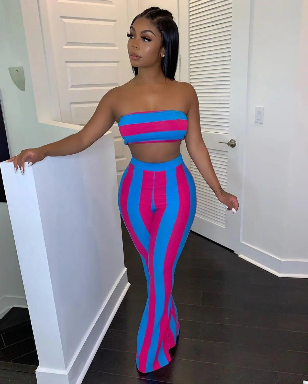 Two Piece Set Women Striped 2 Piece Set Women Outfits Crop Top Pants Two Pieces Sets Summer Clothes for Female Sexy Women's Suit
