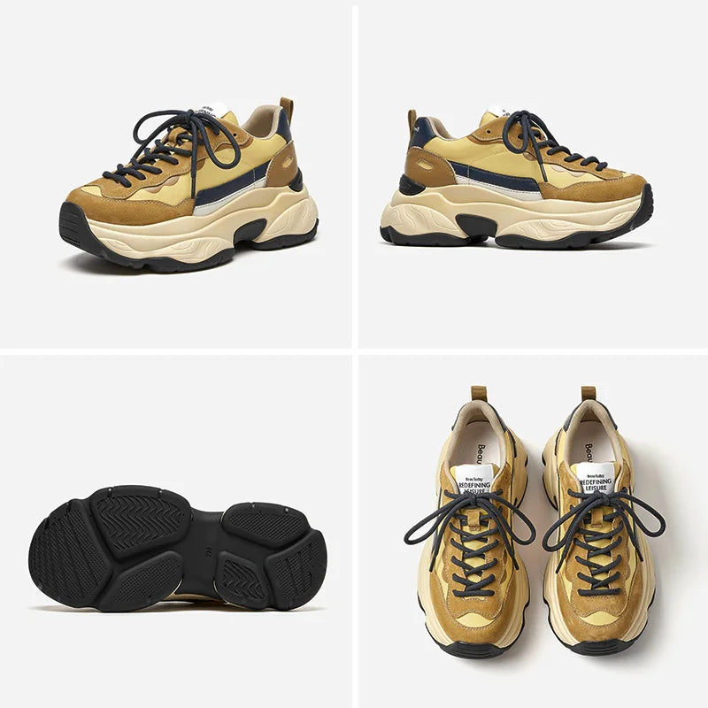 BeauToday Casual Sneakers Women Suede Leather Breathable Mesh Mixed Color Thick Sole Platform Shoes Ladies Flats Handmade 29430