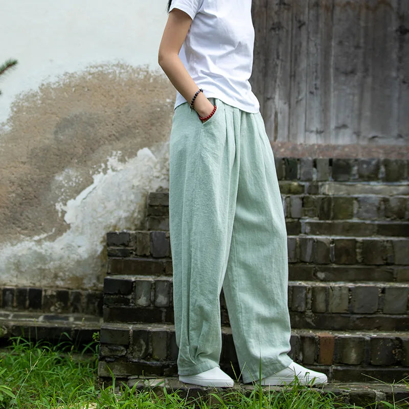 Johnature Women Loose Cotton Linen Casual Pants Solid Color Elastic Waist Lantern Pants 2025 Spring New Female Trousers
