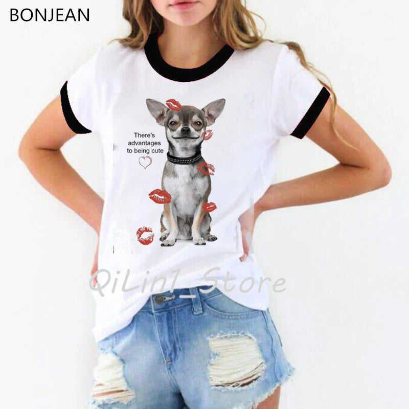 There's Advantages to Being Cute T Shirt Women funny Chihuahua print TShirt dog lover top lovely girl t-shirt tee shirt femme