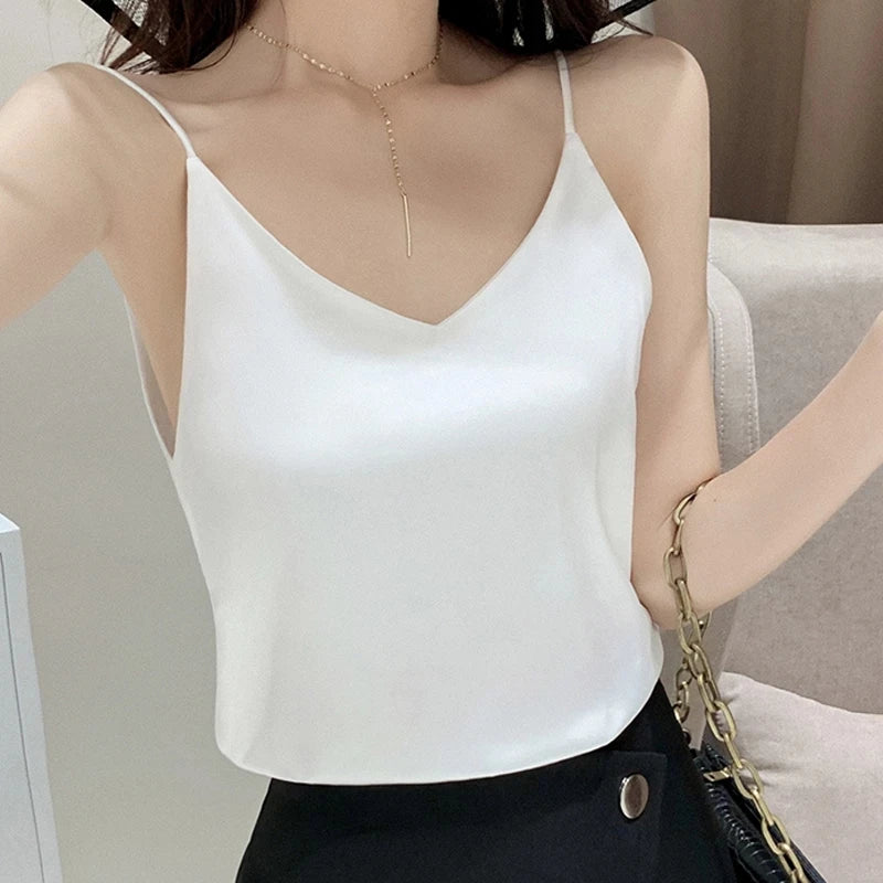 Casual V-Neck Sexy Solid Satin Woman Camis Tank Tops Chiffon Sleeveless Camisole Top Halter Camis Tops