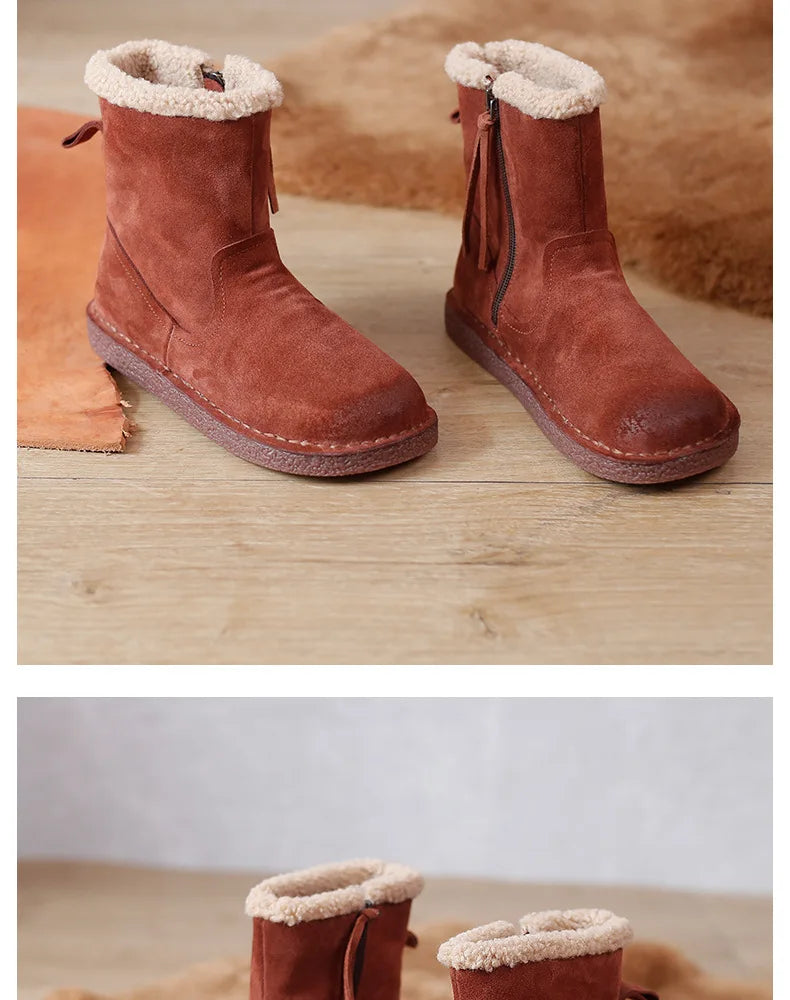 Careaymade-Genuine cow leather Snow cotton round head flats woolen short boots plush warm snow boots Oversized shoes size 35-43