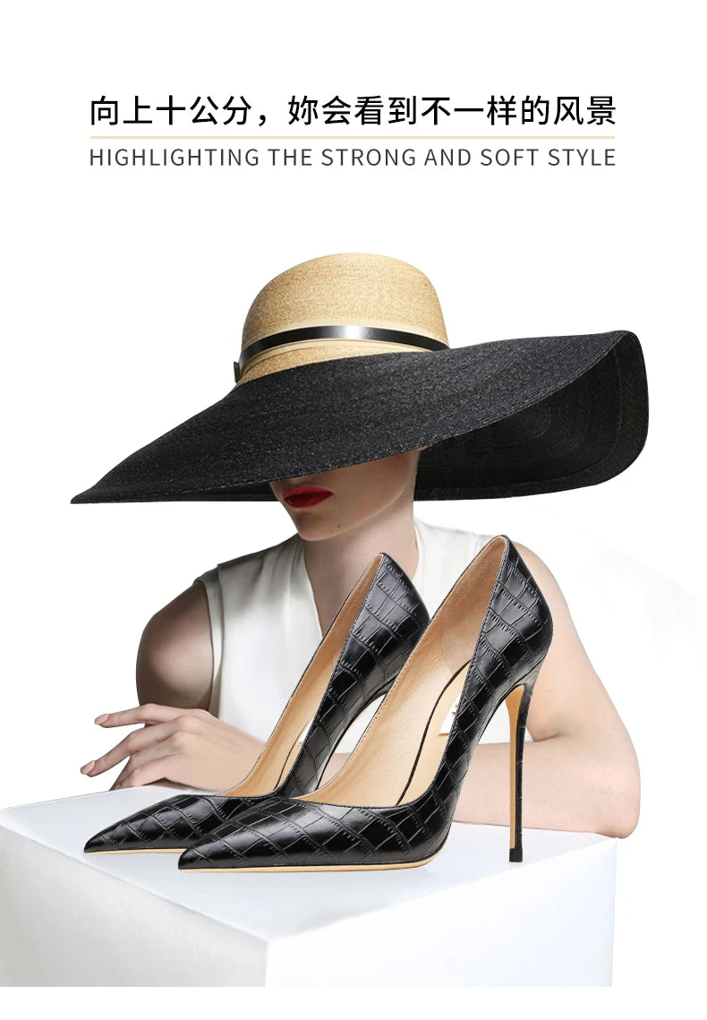 Heels For Women Real Leather Pumps Crocodile Pattern Luxury Black Women's Shoes Pointed Toe High Heels Ladies Prom Shoes Women