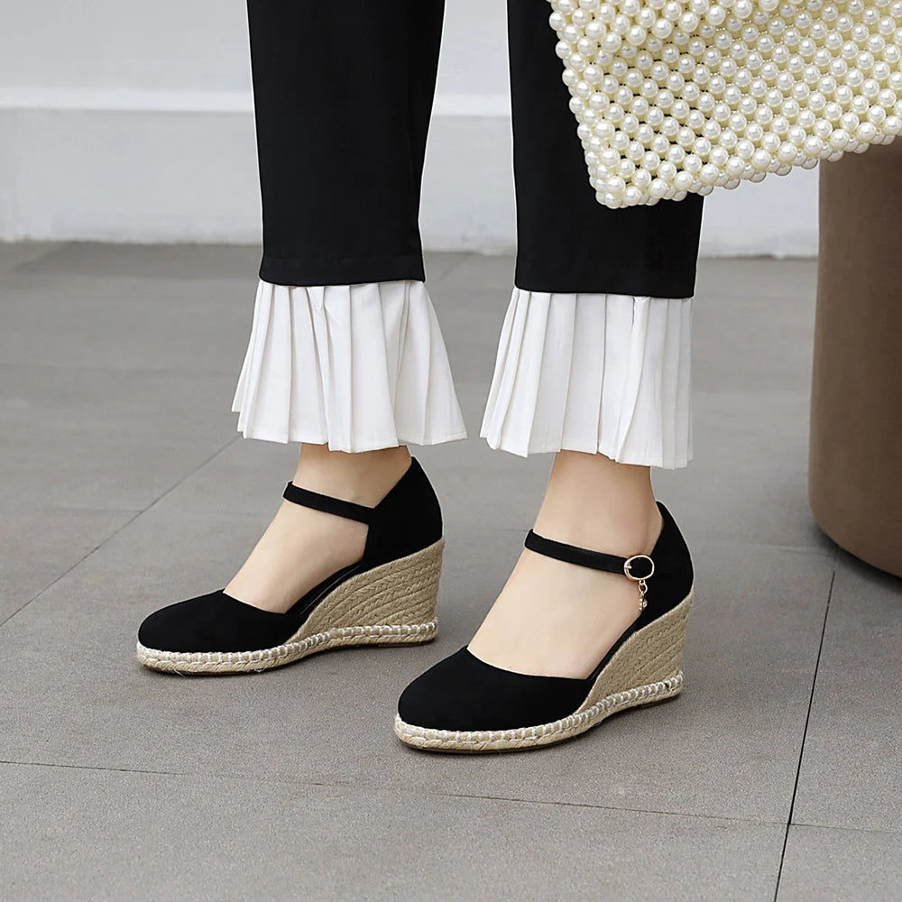 Spring New Women Espadrilles Leisure Wedges High Heels Lady Pumps Foothold Shoes Heel Slip On Round Toe for Femme Chaussures