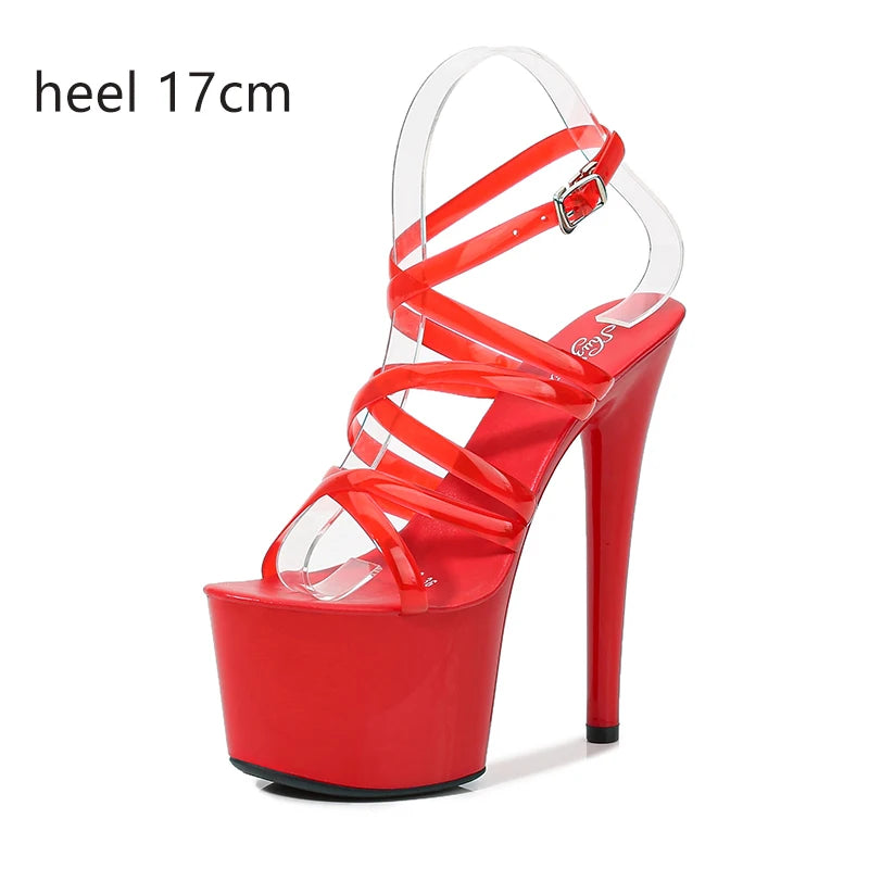2022 Summer 15cm 17cm 20cm Transparent PVC Strap Sandals Women High Heels Platform Shoes Woman Cross Strap Sandals Big Size 43