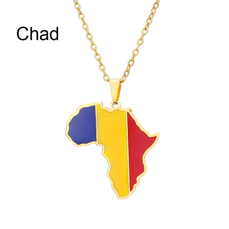 African Map Flag Pendant Necklace Stainless Steel Men Women Rwanda Sudan Uganda Zimbabwe Zambia Ethnic Maps Jewelry Gift