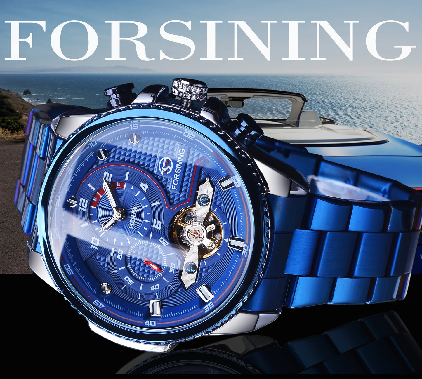 Forsining Mens Automatic Mechanical Watch Tourbillon Wristwatches Men Waterproof Watches Bule Luxury Wrist Watch Relojes Hombre