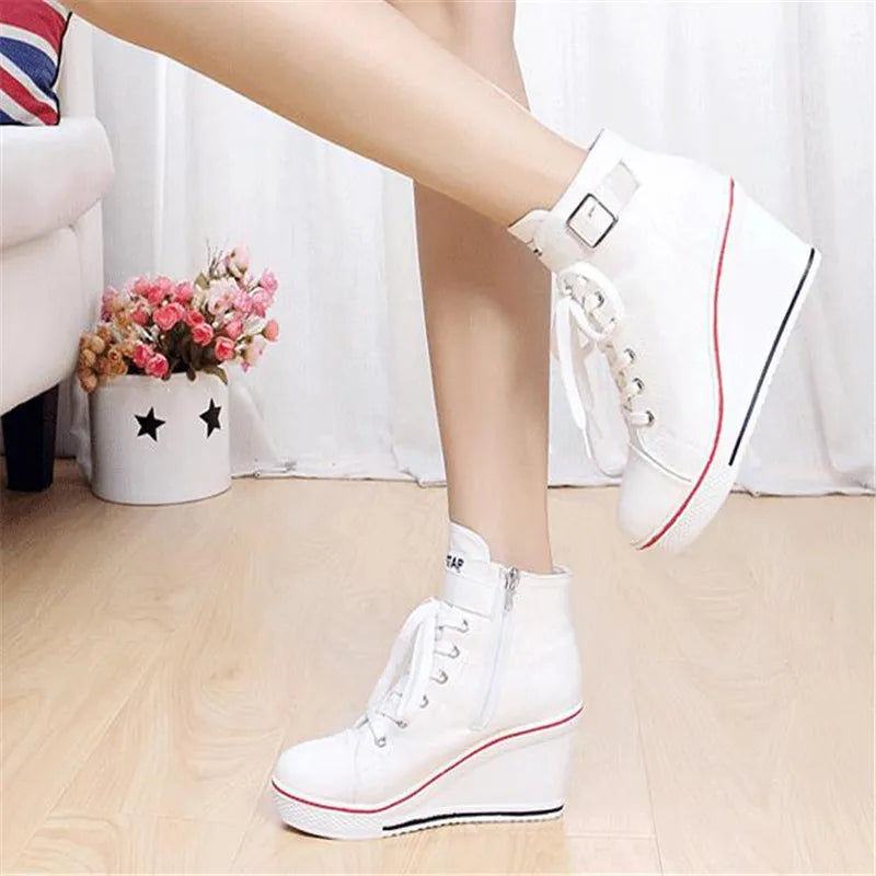 hot Canvas Shoes Women Wedges High Top Platform Shoes Woman Casual Trainers Elevator Shoe High Heels Zapatos Mujer size 35--43