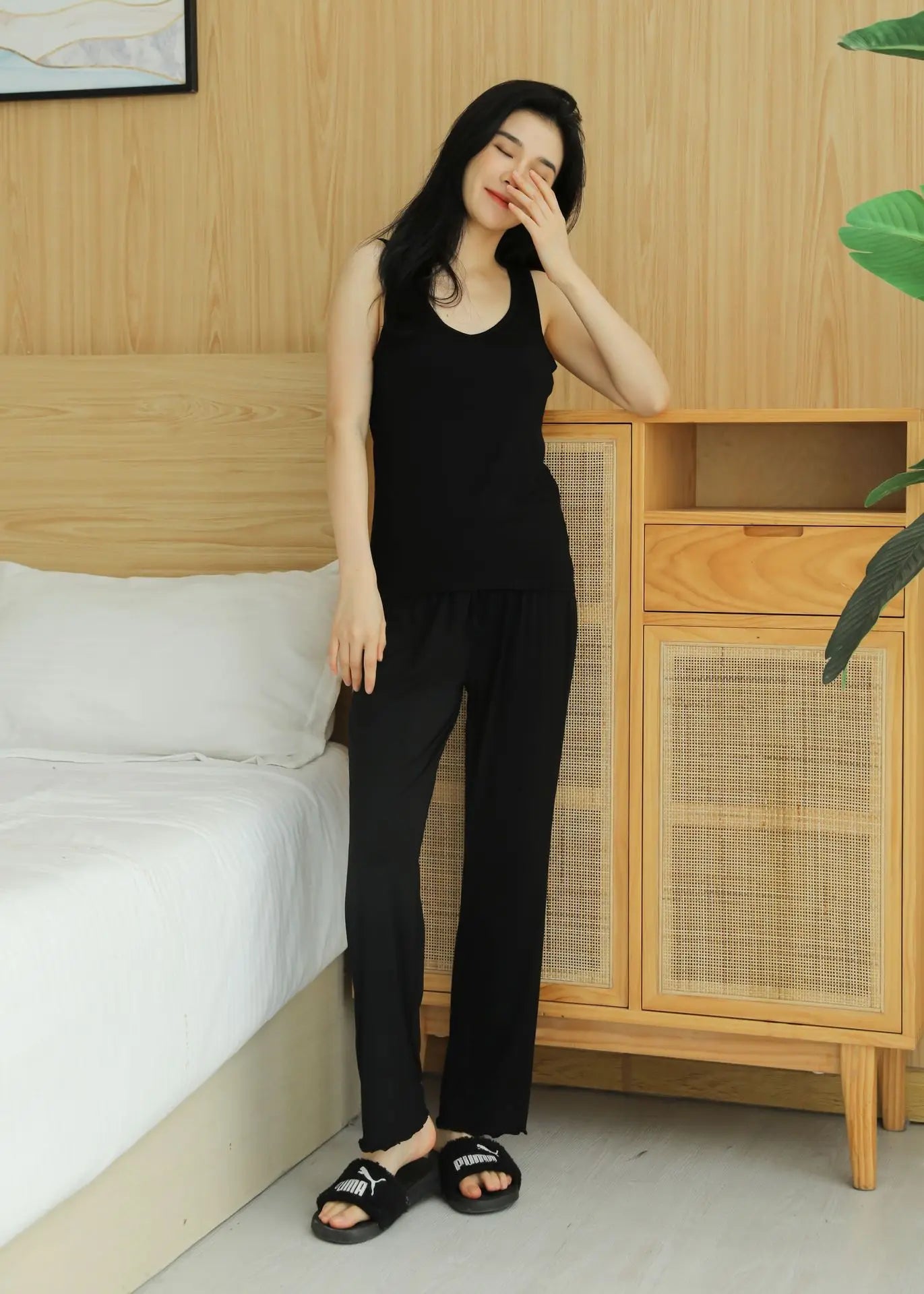Fdfklak Modal Women's Vest Trousers Suit Pajamas Chest Pads Bra Bottoming Loose Lotus Leaf Pants Two Piece Set Home Clothes