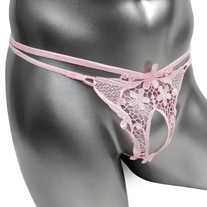 Hot Men Lingerie G-String Bikini Underwear with Penis Holes Gay Male Thong Cute Lace Sissy Panties Underpants