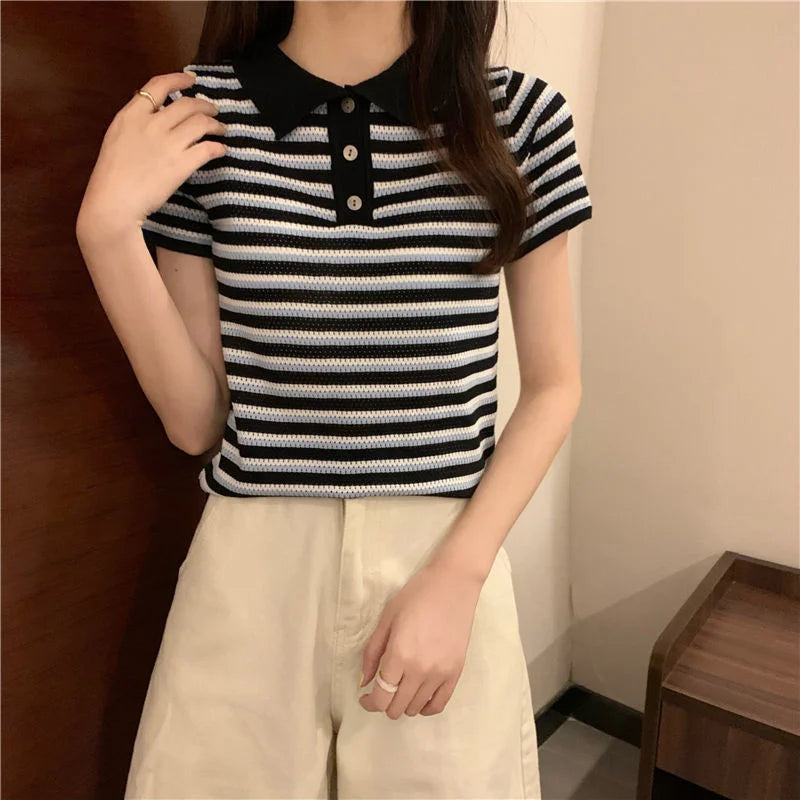 Woman TShirts Top Summer Women's 2021 Striped Knitted Short-Sleeved  Crop Top Mujer Camisetas