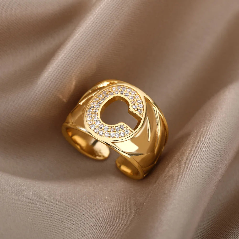 Chunky Zircon Initial Letter Rings For Women Stainless Steel Hip Hop Jewelry