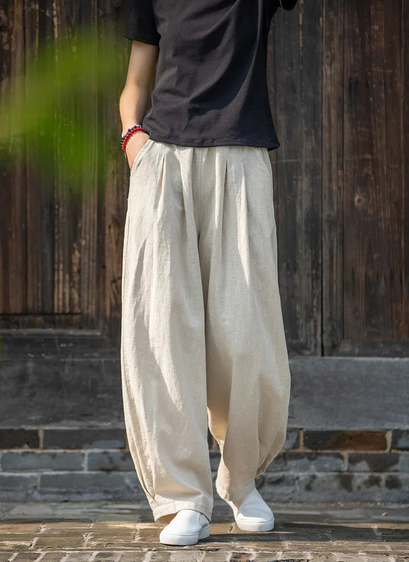 Johnature Women Loose Cotton Linen Casual Pants Solid Color Elastic Waist Lantern Pants 2025 Spring New Female Trousers