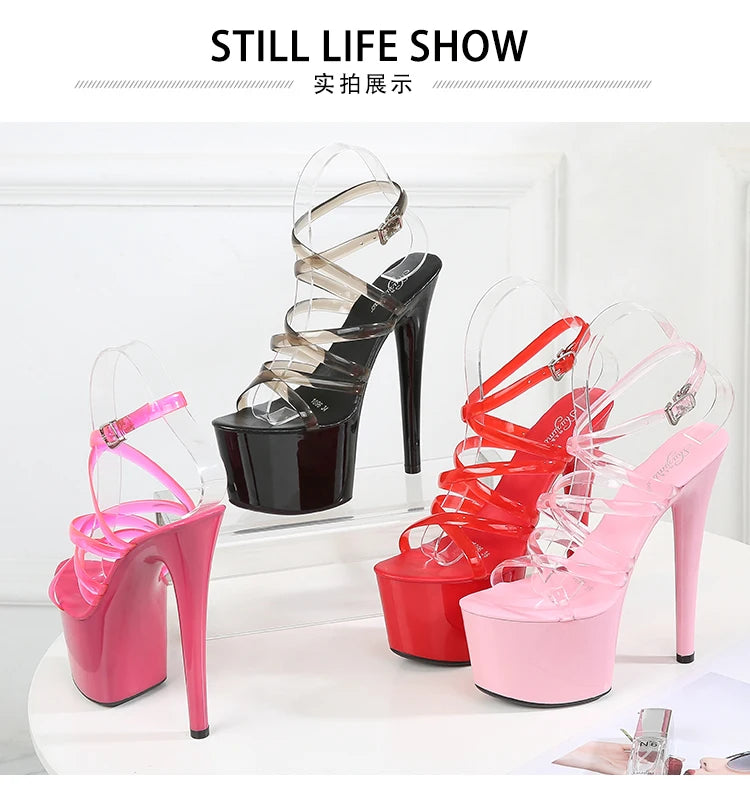 2022 Summer 15cm 17cm 20cm Transparent PVC Strap Sandals Women High Heels Platform Shoes Woman Cross Strap Sandals Big Size 43