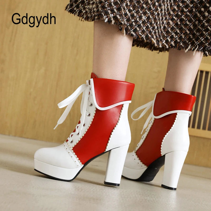Gdgydh Korean Sweet Cosplay Lolita Shoes Women Ankle Boots High Heels Ruffles Dress Wedding Shoes Bride Mixed Colors Lace Up