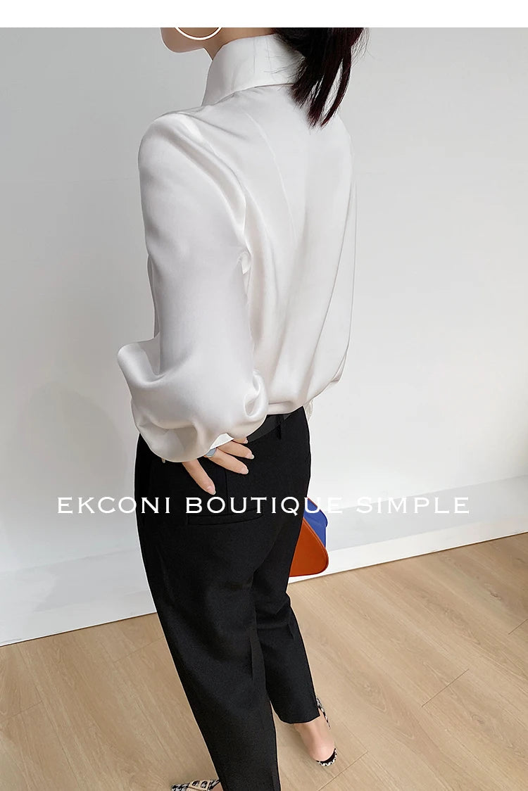 Stylish Elegant Turn Down Collar White Long Sleeve Satin Shirts Fashion Woman Vintage Blouse 2024 Office Lady Tops Blusas 16946