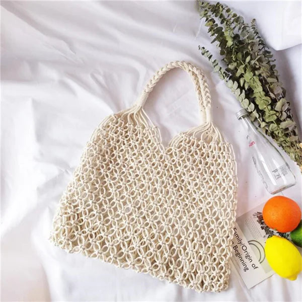 Hand-Woven Bag Women Handmade Hollow Handbag Female Shoulder Bag Big Capacity Summer Casual Travel Beach Tote Purse