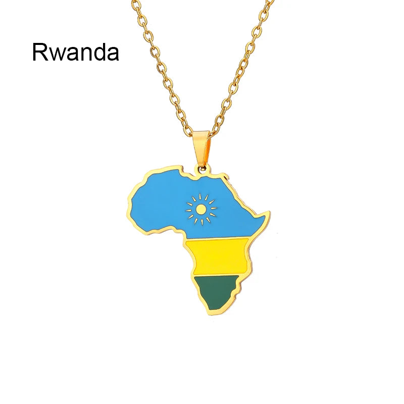 African Map Flag Pendant Necklace Stainless Steel Men Women Rwanda Sudan Uganda Zimbabwe Zambia Ethnic Maps Jewelry Gift