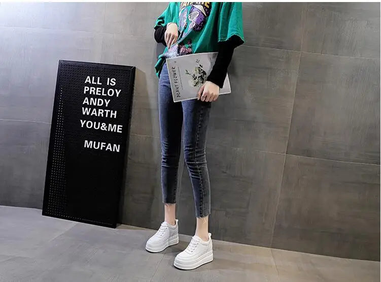 New Spring Autumn White Hidden Wedge Heels Casual Shoes Woman 9CM Platform Shoes Elevator High-heels Walking Sneakers Women
