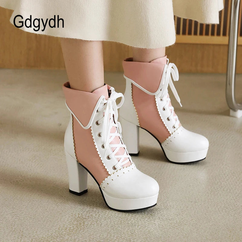 Gdgydh Korean Sweet Cosplay Lolita Shoes Women Ankle Boots High Heels Ruffles Dress Wedding Shoes Bride Mixed Colors Lace Up