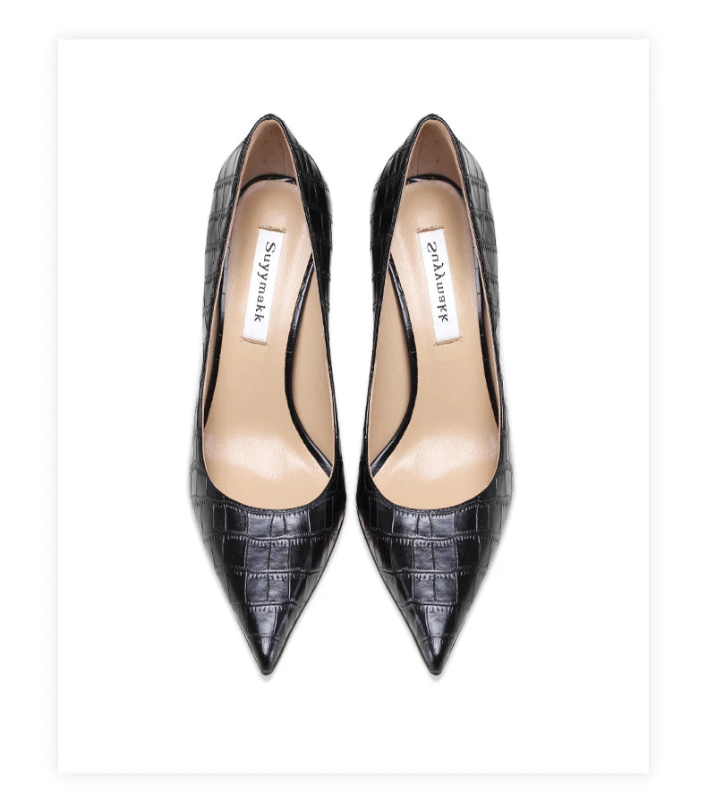 Heels For Women Real Leather Pumps Crocodile Pattern Luxury Black Women's Shoes Pointed Toe High Heels Ladies Prom Shoes Women