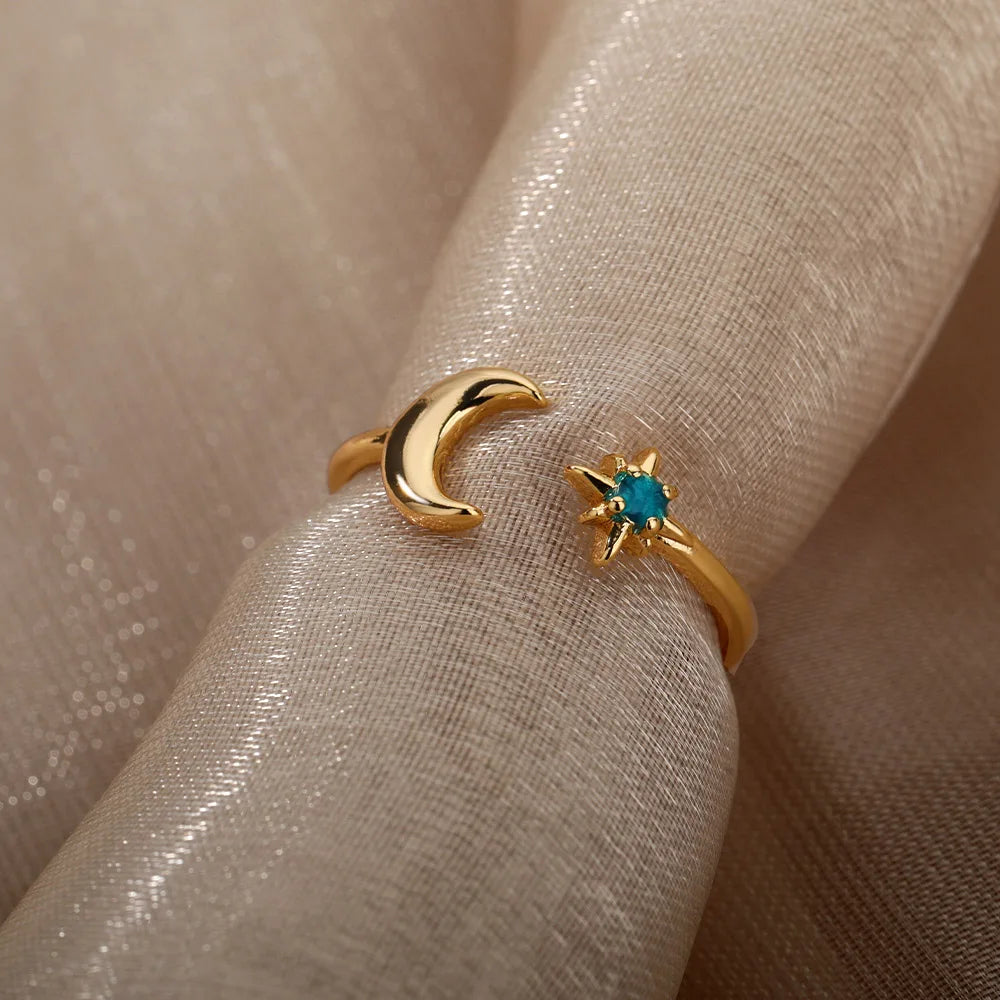 Zircon Moon Star Rings For Women Stainless Steel Glowing Moon Star Adjustable Finger Ring Aesthetic Wedding Jewelery Gift Femme