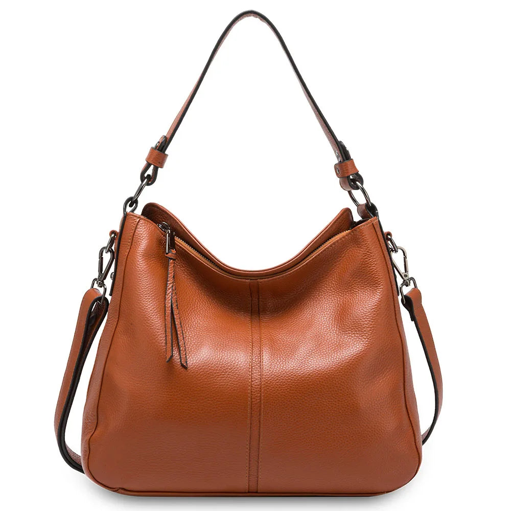 Zency 100% Genuine Leather Elegant Women Shoulder Bag Classic Black Hobos Roomy Casual Tote Handbag Crossbody Messenger Grey
