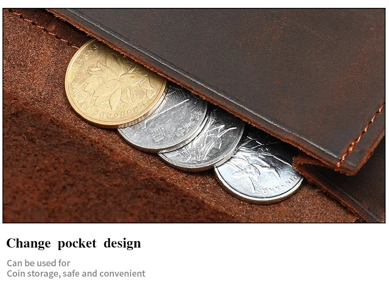 Men's Crazy Horse Leather Long Wallet Brown Real leather Trifold clutch snap purse Hasp purse with Phone pocket and coin pocket