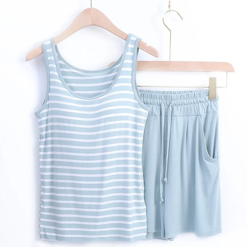 Summer Styles Sleepwear Set New Sleeveless Shorts Sexy Pajama Set Cute Women's Home Wear Striped Pyjamas With Chest Pad