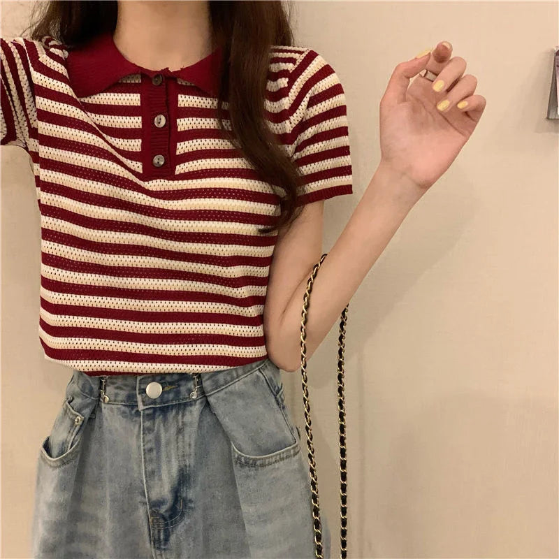 Woman TShirts Top Summer Women's 2021 Striped Knitted Short-Sleeved  Crop Top Mujer Camisetas