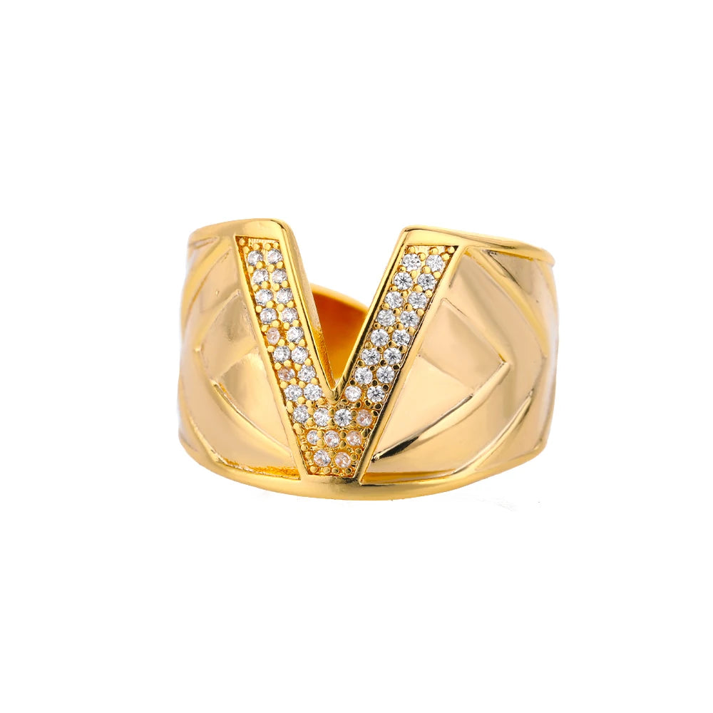 Chunky Zircon Initial Letter Rings For Women Stainless Steel Hip Hop Jewelry