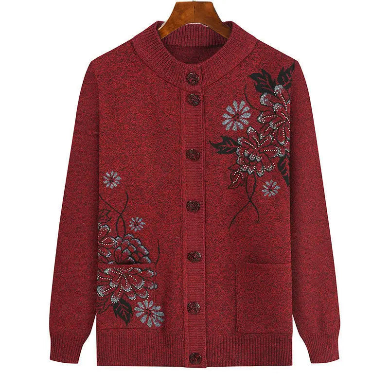 Grandma Embroidered Knit Cardigan Jacket Autumn Winter Loose O Neck Long Sleeve Pocket Sweater Coat Casual Female Outwear Tops
