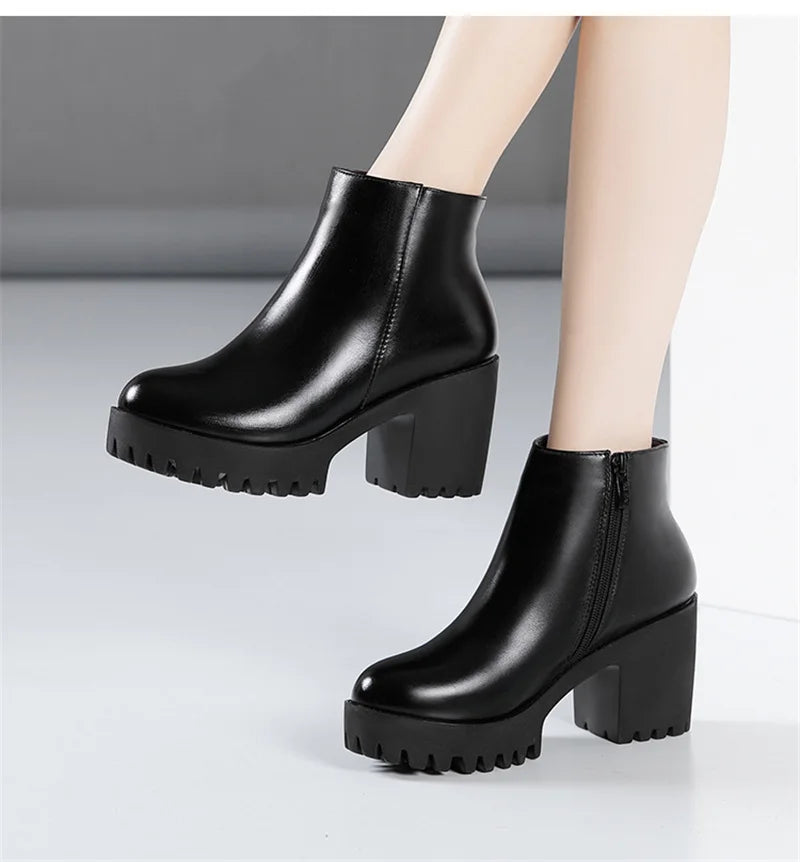 BEYARNE Small Size 32 -43 Block Heel Platform Shoes Fall Winter  OL Elegant High Heels Ankle Boots Women Warm Plush Boot