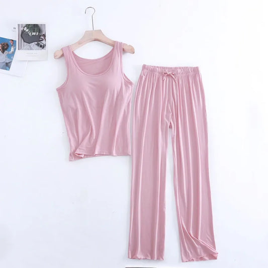 Fdfklak Modal Women's Vest Trousers Suit Pajamas Chest Pads Bra Bottoming Loose Lotus Leaf Pants Two Piece Set Home Clothes