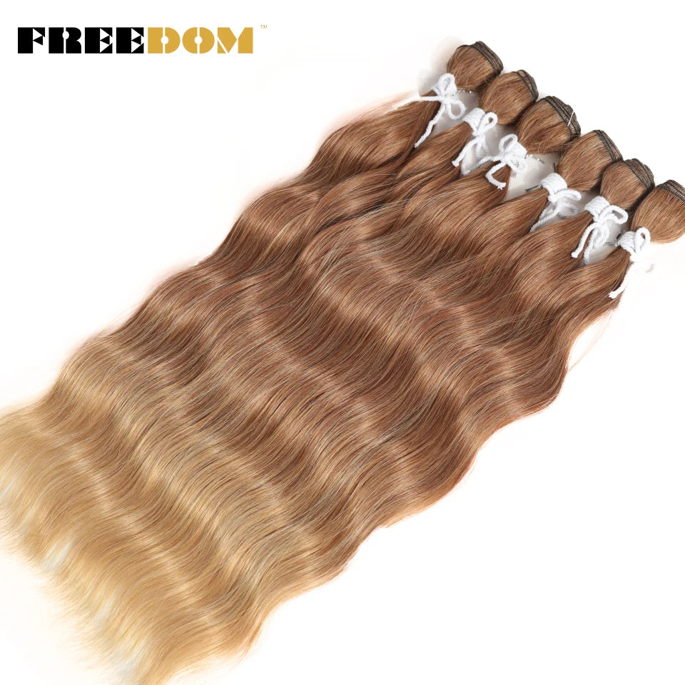 FREEDOM Synthetic Water Wave Hair Bundles 20 inch Synthetic Hair Extensions Ombre Blonde Brown Hair Weave Bundles 6Pcs/Pack