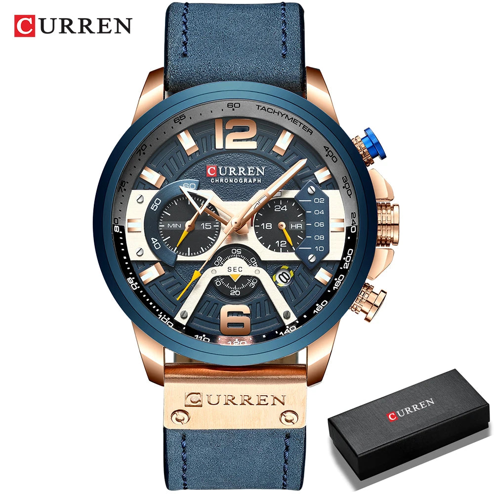 CURREN New Men's Casual Sports Chronograph Blue Top Brand Luxury Military Leather Watch Calendar Clock Relogio Masculino