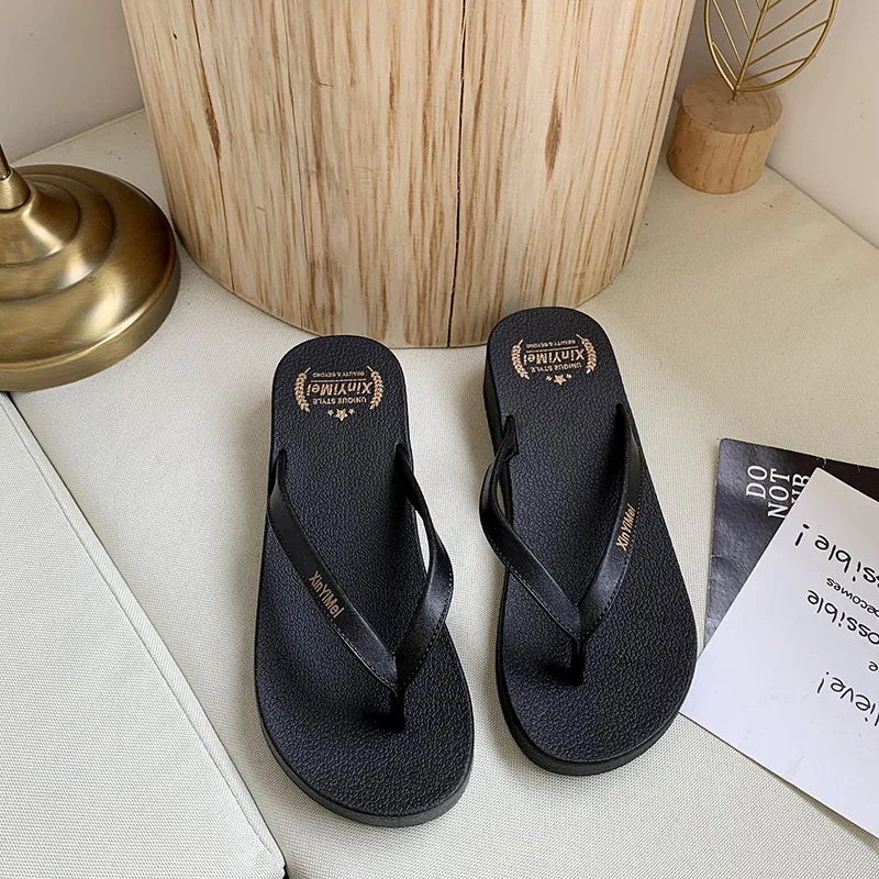 EOFK Women Flip Flops Wedges Casual Shinny Beach 3.5 Cm Height PVC Solid Summer Outside Slippers Soft Shoes