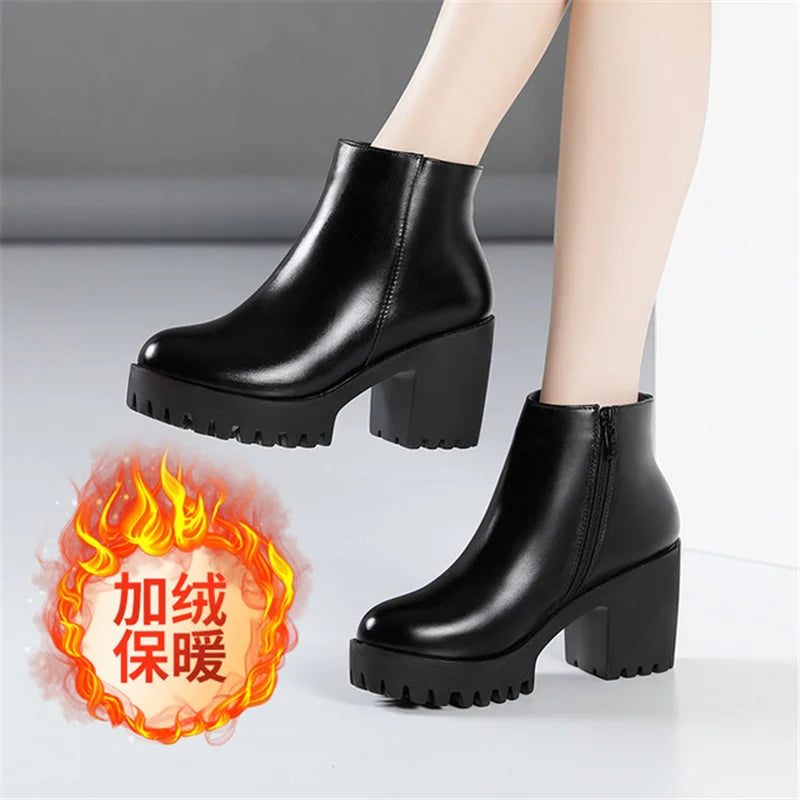 BEYARNE Small Size 32 -43 Block Heel Platform Shoes Fall Winter  OL Elegant High Heels Ankle Boots Women Warm Plush Boot