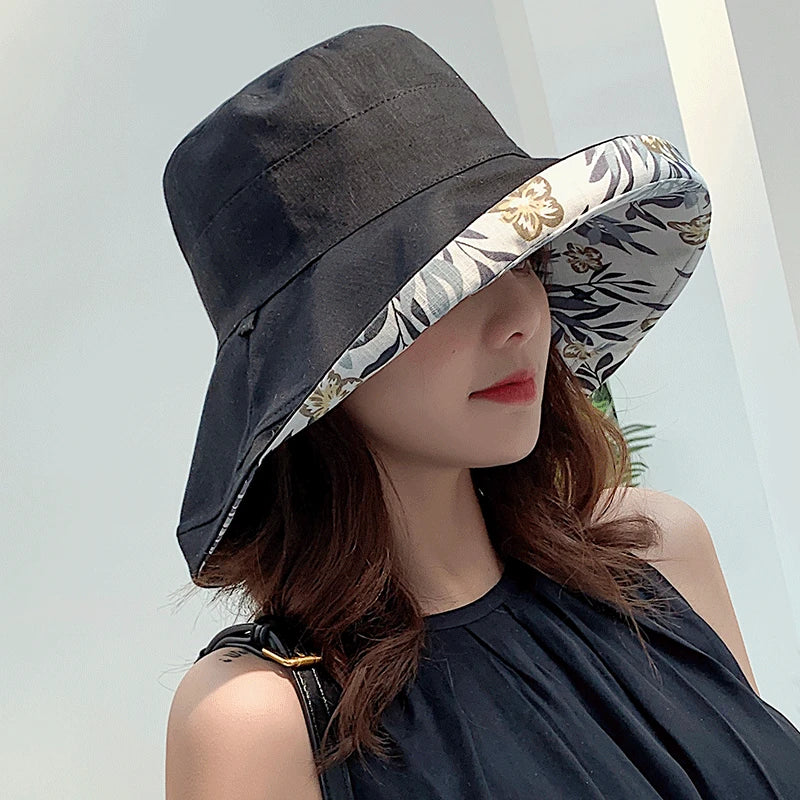 K34 Women's Hat Bucket hat Panamanian Women  Four Seasons Fisherman Hat Big Brim Hat Double-Sided Fisherman Hat Sun Visor Sunhat