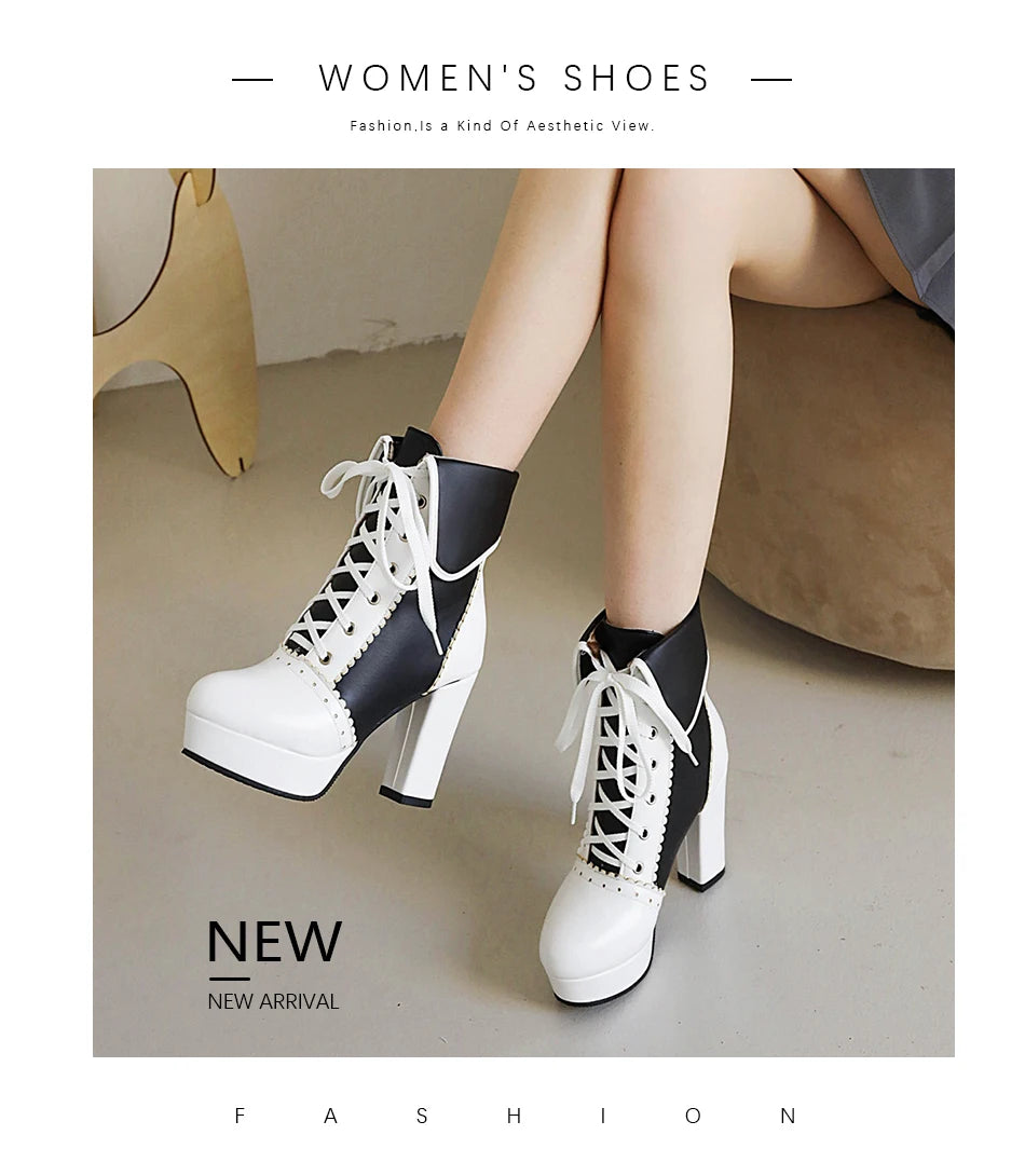 Gdgydh Korean Sweet Cosplay Lolita Shoes Women Ankle Boots High Heels Ruffles Dress Wedding Shoes Bride Mixed Colors Lace Up