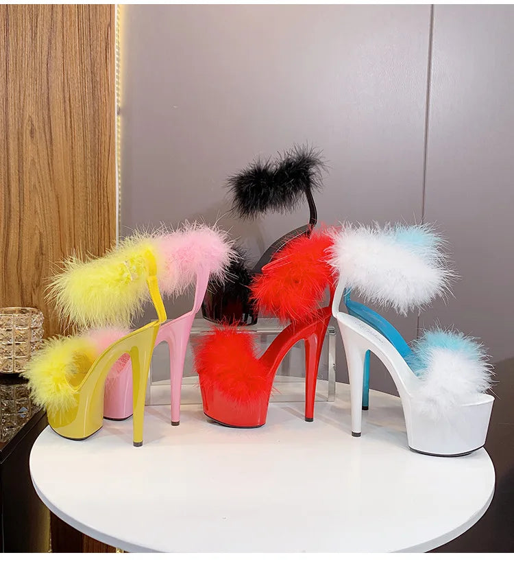 17CM Fur Womens Party Shoes Fashion 2023 Summer Sexy Exquisite Open Toe Ladies Shoes Female Stiletto Super High Heel Sandals