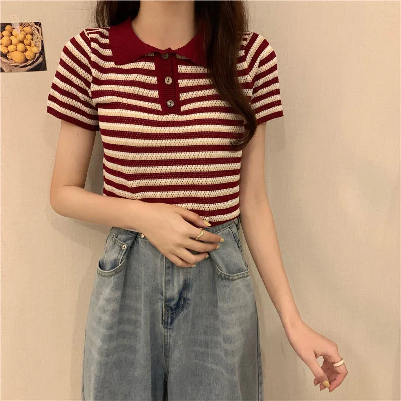 Woman TShirts Top Summer Women's 2021 Striped Knitted Short-Sleeved  Crop Top Mujer Camisetas