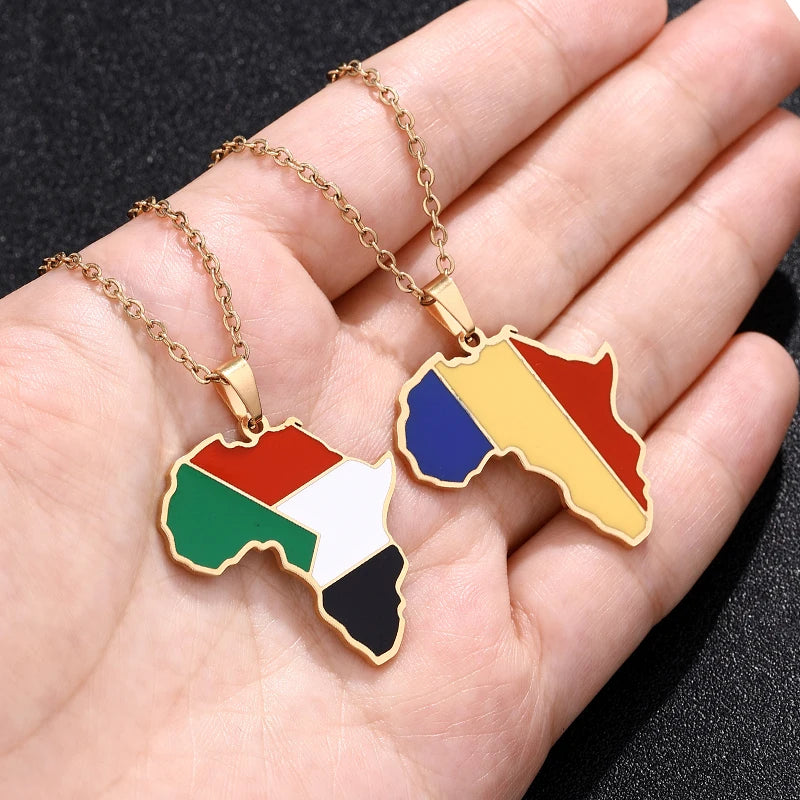 African Map Flag Pendant Necklace Stainless Steel Men Women Rwanda Sudan Uganda Zimbabwe Zambia Ethnic Maps Jewelry Gift