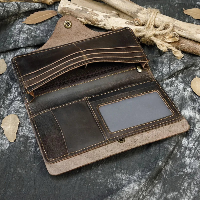 Men's Crazy Horse Leather Long Wallet Brown Real leather Trifold clutch snap purse Hasp purse with Phone pocket and coin pocket