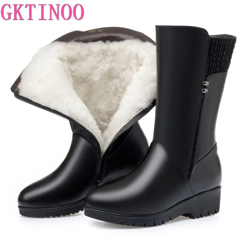 GKTINOO 2026 New Winter Cow Leather Boots For Women Shoes Wedges Inside Plush Wool Snow Boots Plus Size In-tube Boot Women Boots
