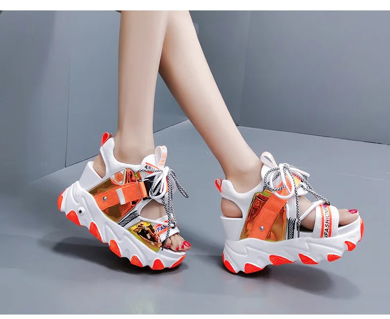 Comemore 2022 Platform Gladiator Sandals Lace Up White Sandals Women High Heels Wedges Casual Sports Shoes Woman Spring Summer
