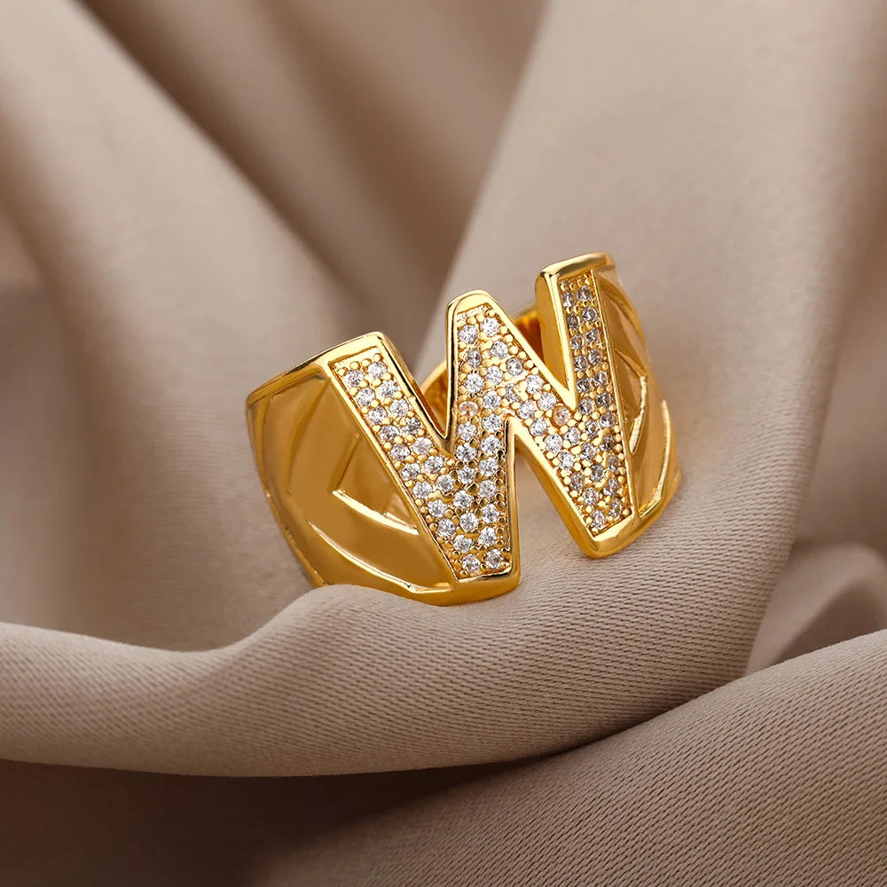 Chunky Zircon Initial Letter Rings For Women Stainless Steel Hip Hop Jewelry