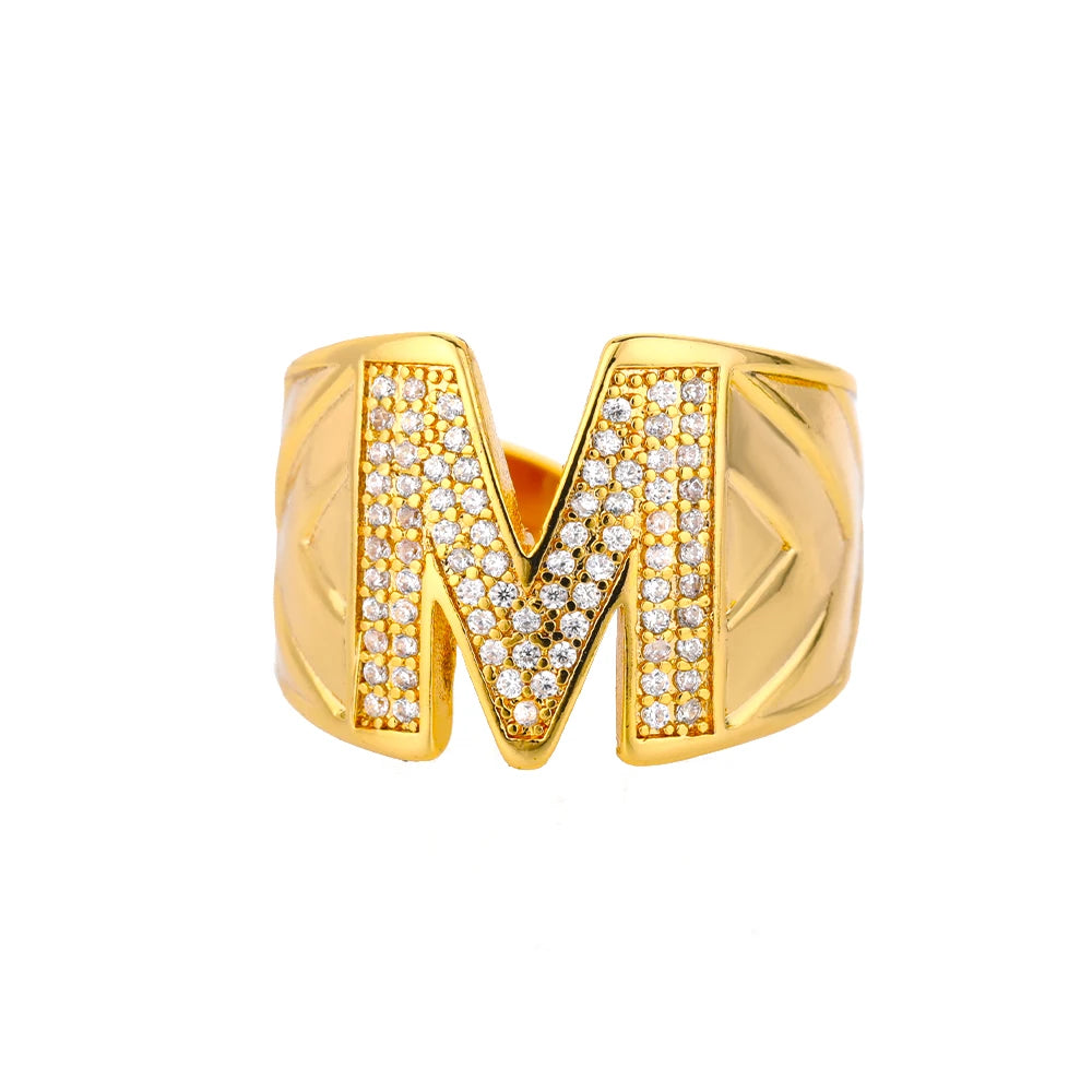 Chunky Zircon Initial Letter Rings For Women Stainless Steel Hip Hop Jewelry
