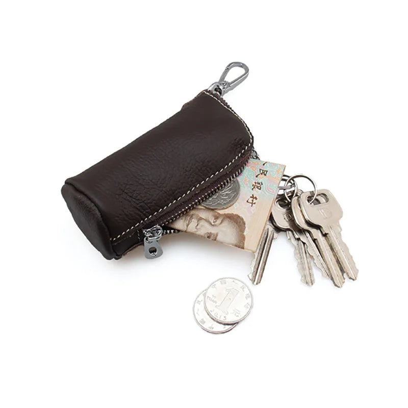 Soft  Genuine Cow Leather Housekeeper Small Round Columnar Key Holder Car Key Wallet Coin Pouch Purse key bag