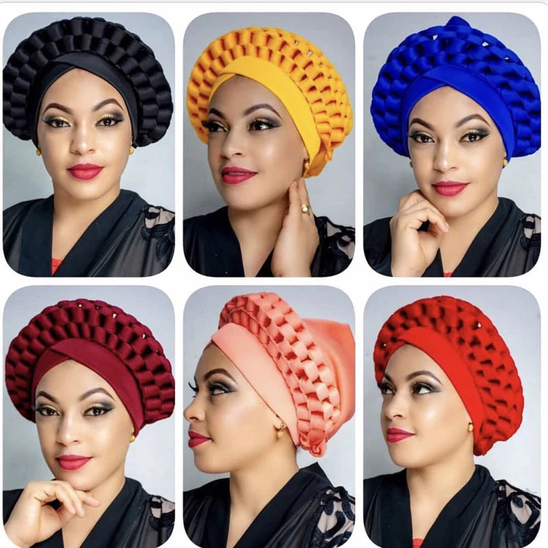 2022 Fashion African Turbans for Women Ready to Wear Auto Gele Headties Nigerian Aso Oke Head Wraps for Traditional Wedding
